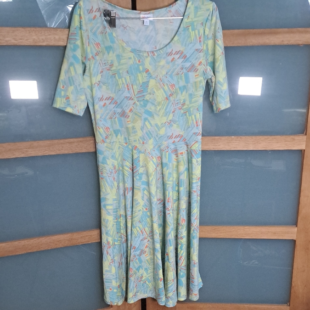 LuLaRoe Blue and Green Abstract Midi Dress Sz XL